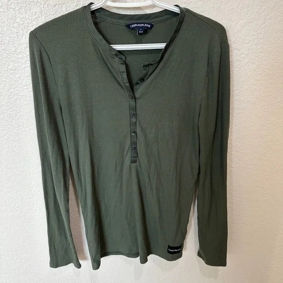 Calvin Klein Jeans Olive Long Sleeve Henley - Picture 1 of 4